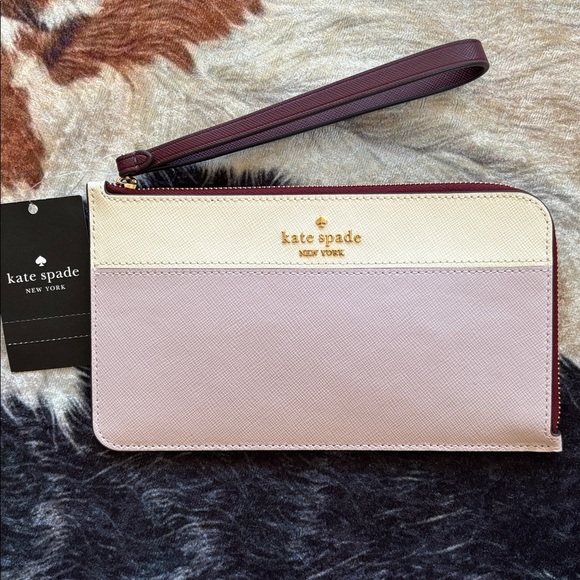 Brand New Kate Spade Colorblock Saffiano Leather L-Zip Medium Wristlet Lilac - Picture 3 of 16